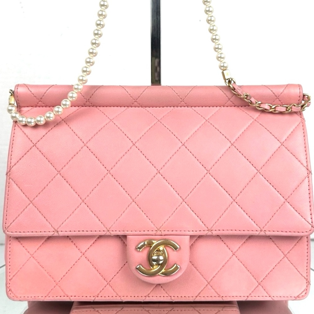 CHANEL Pink Quilted Lambskin Flap Bag with Pearl-Accented Chain